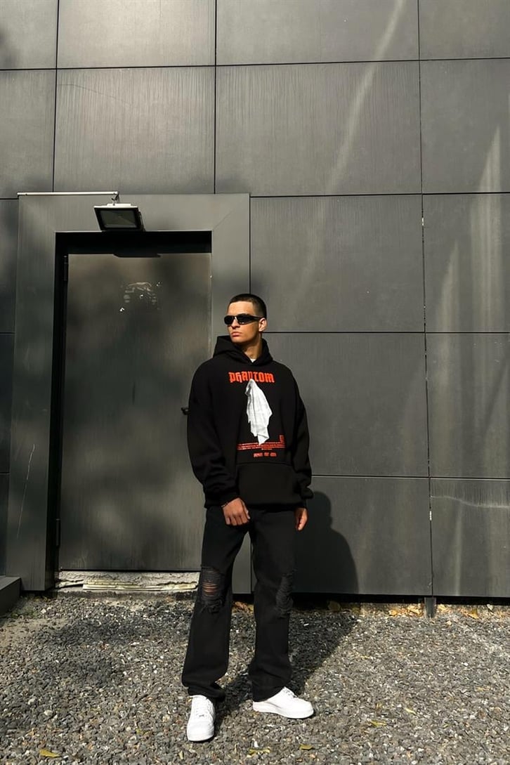 Phantom Baskılı Siyah İçi Pamuklu Oversize Hoodie