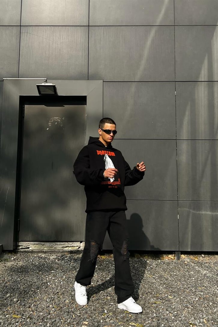 Phantom Baskılı Siyah İçi Pamuklu Oversize Hoodie