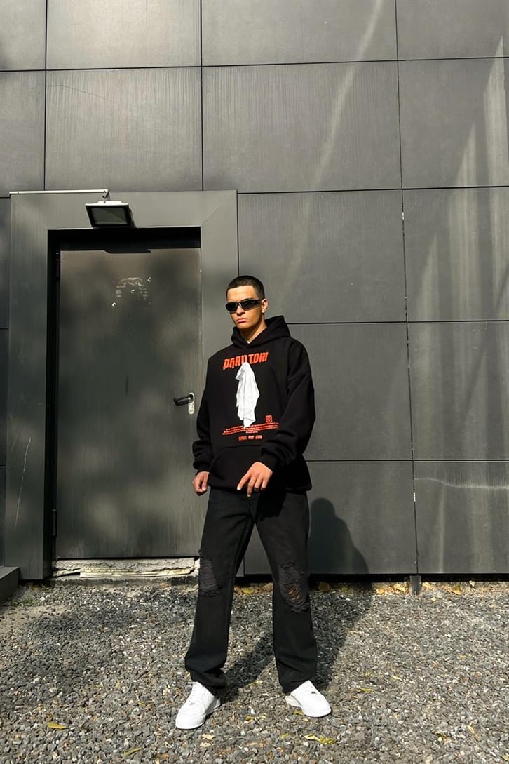 Phantom Baskılı Siyah İçi Pamuklu Oversize Hoodie