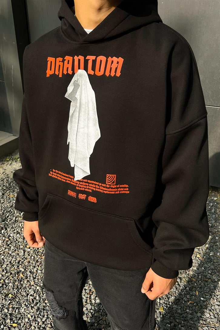 Phantom Baskılı Siyah İçi Pamuklu Oversize Hoodie
