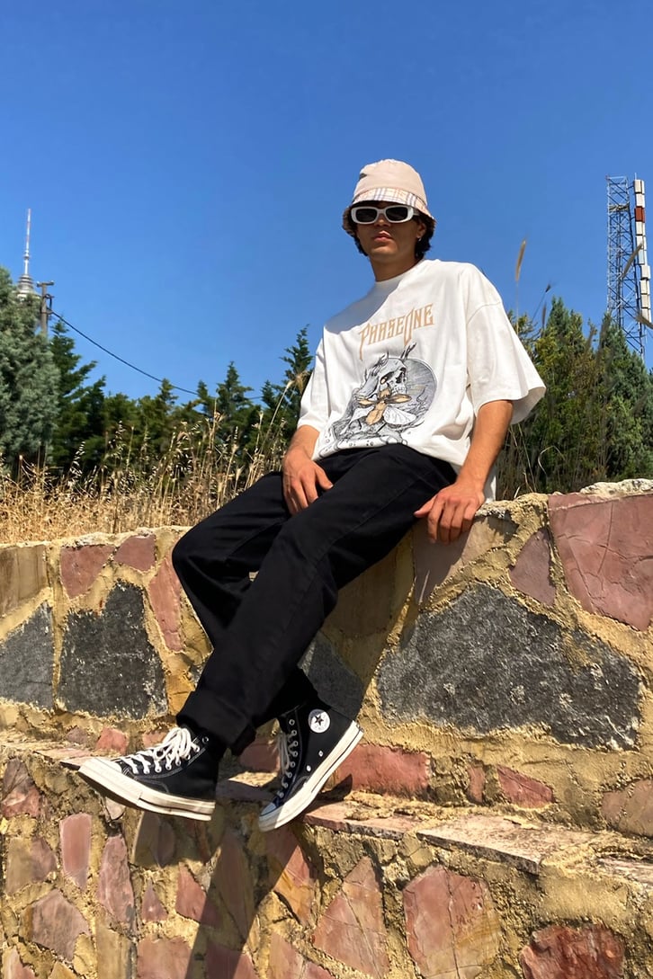 Phaseone Baskılı Siyah Oversize Tshirt