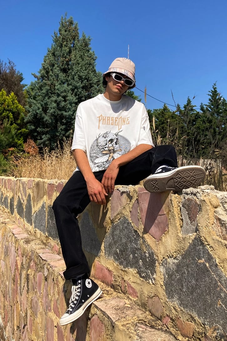 Phaseone Baskılı Siyah Oversize Tshirt