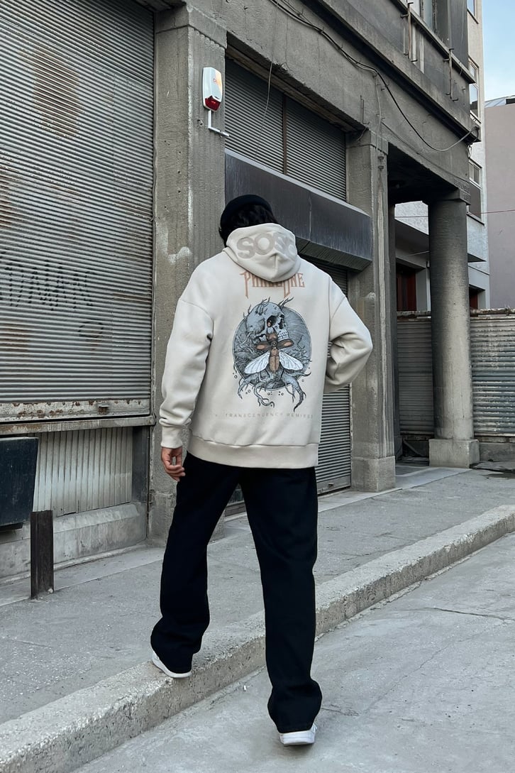Phaseone Sırt Baskılı Bej Oversize Sweatshirt