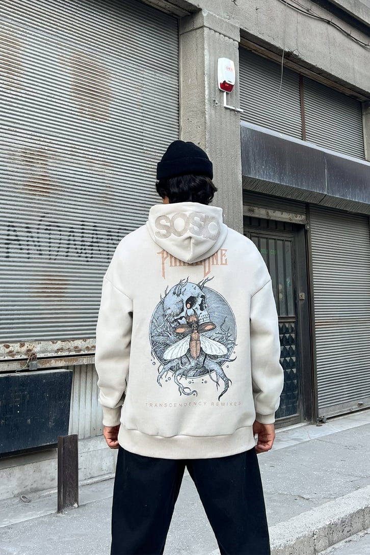 Phaseone Sırt Baskılı Bej Oversize Sweatshirt
