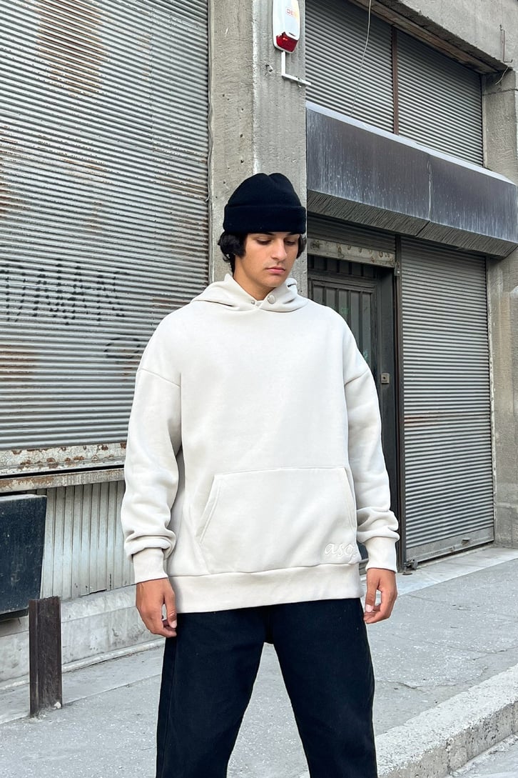 Phaseone Sırt Baskılı Bej Oversize Sweatshirt