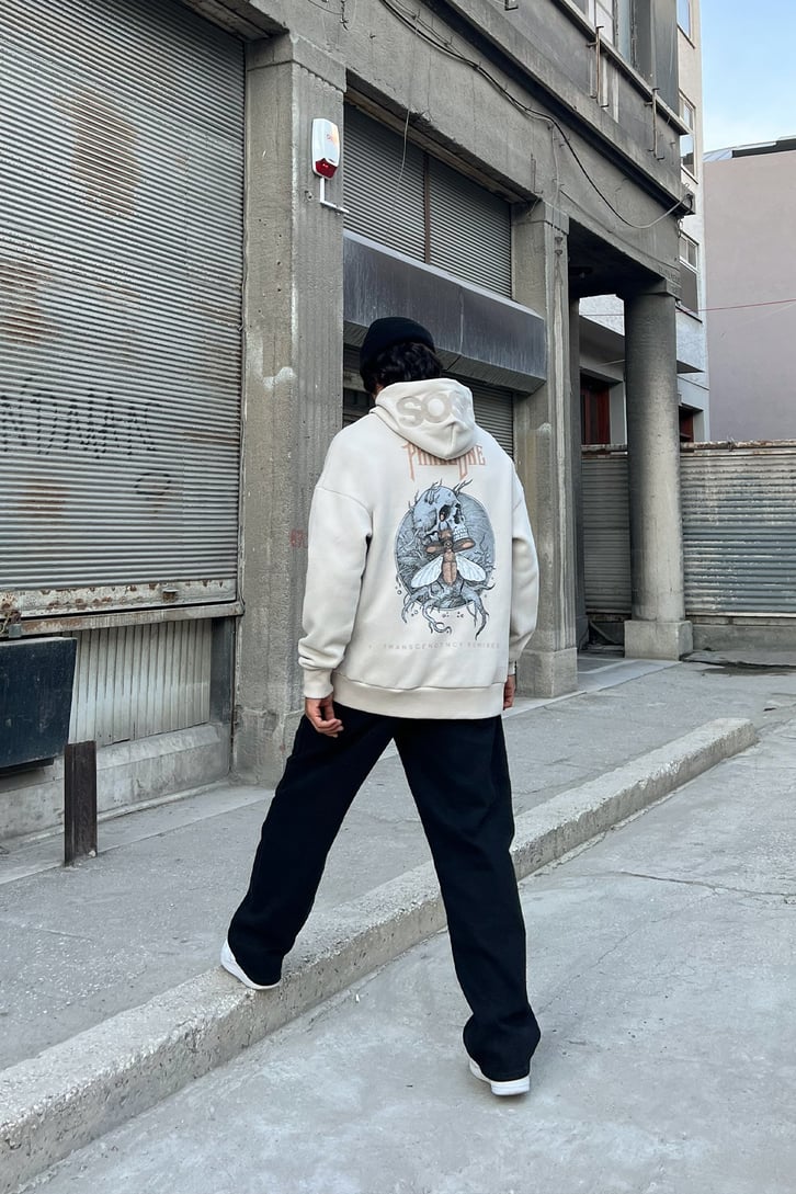 Phaseone Sırt Baskılı Bej Oversize Sweatshirt