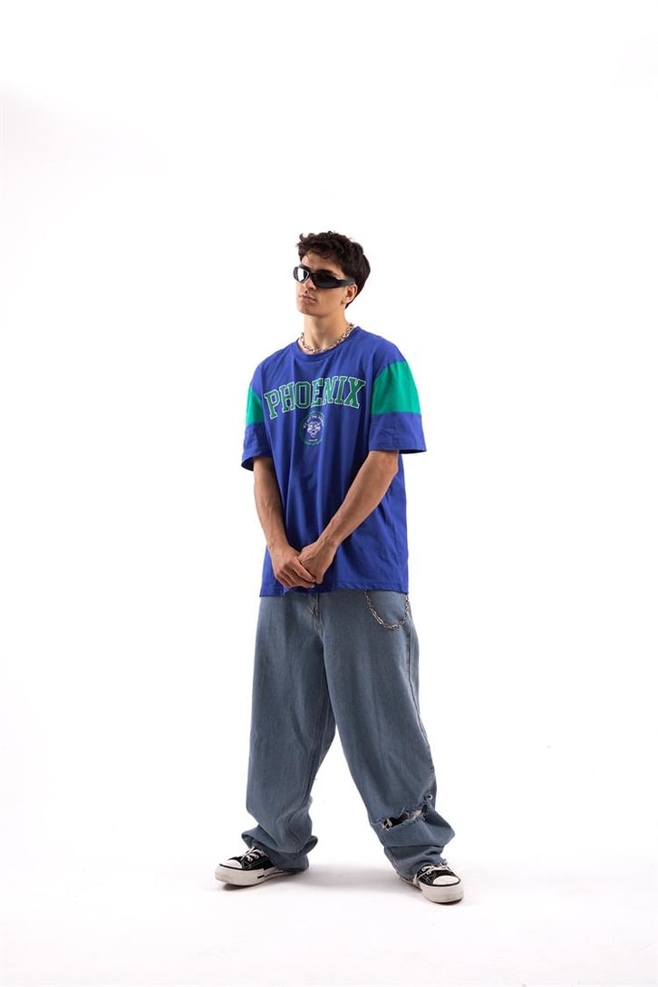 Phoneix Baskılı Mavi Oversize Tshirt