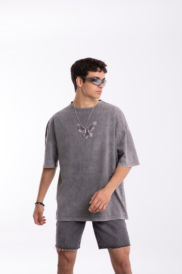 Pigeon Baskılı Acid Wash Oversize Tshirt