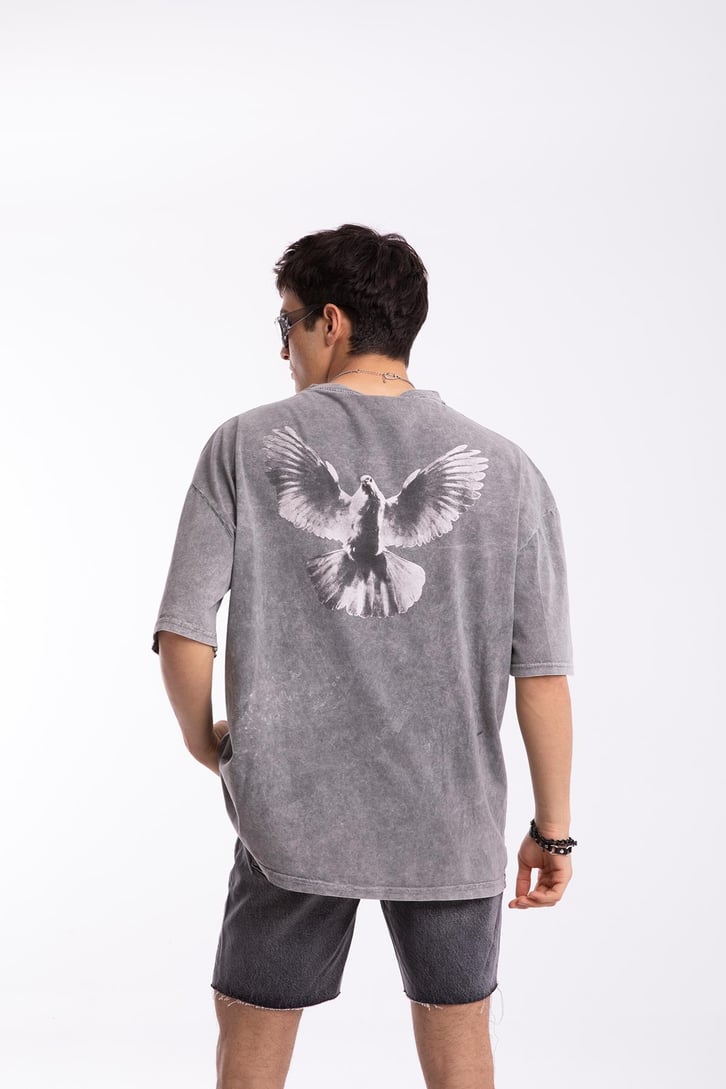 Pigeon Baskılı Acid Wash Oversize Tshirt