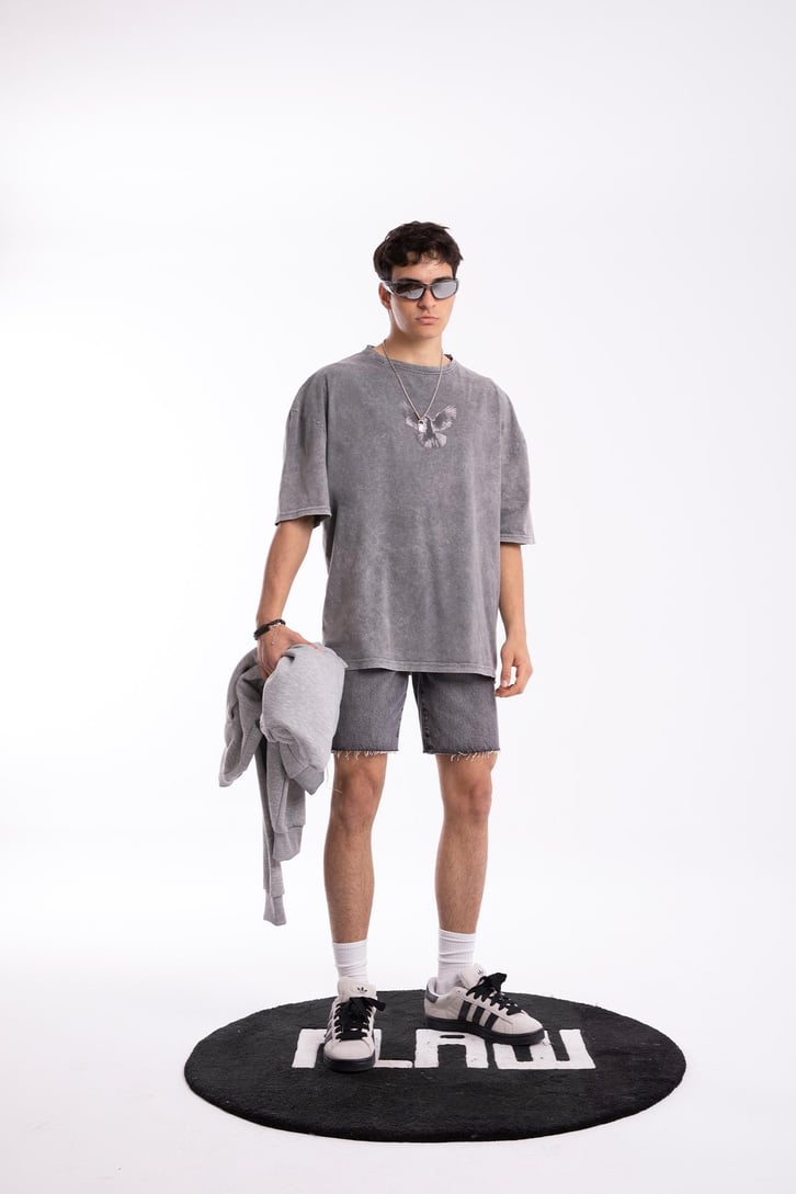 Pigeon Baskılı Acid Wash Oversize Tshirt