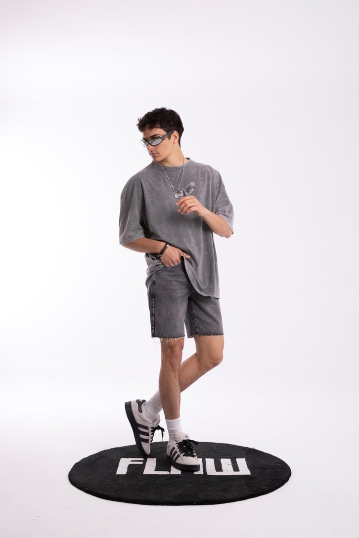Pigeon Baskılı Acid Wash Oversize Tshirt