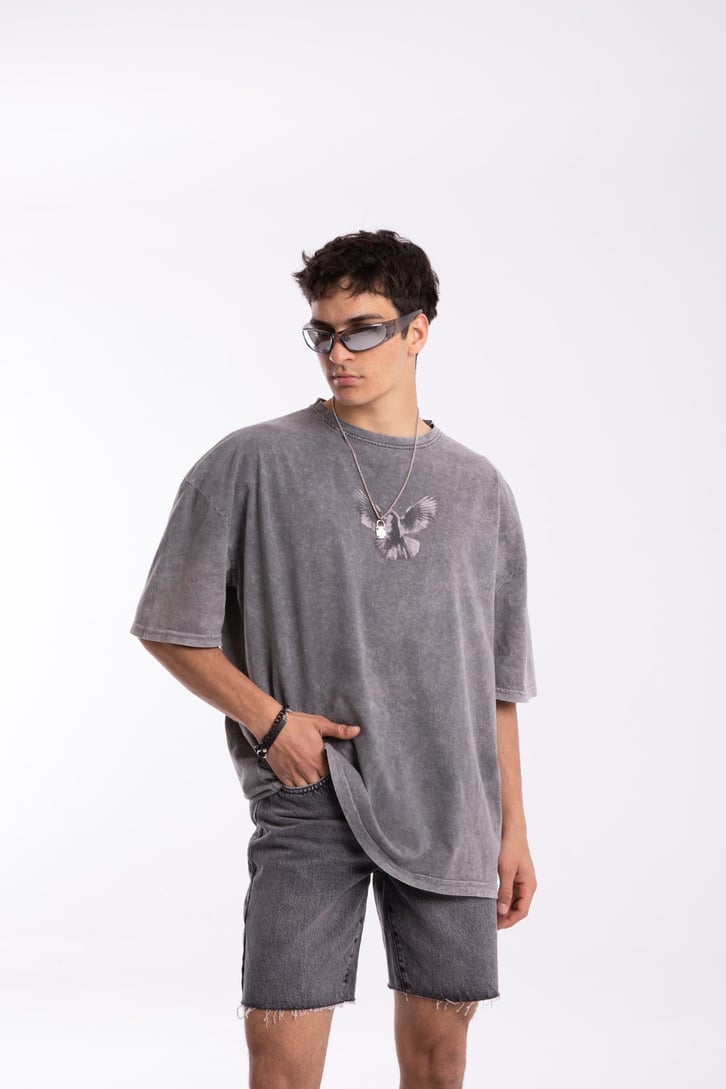 Pigeon Baskılı Acid Wash Oversize Tshirt