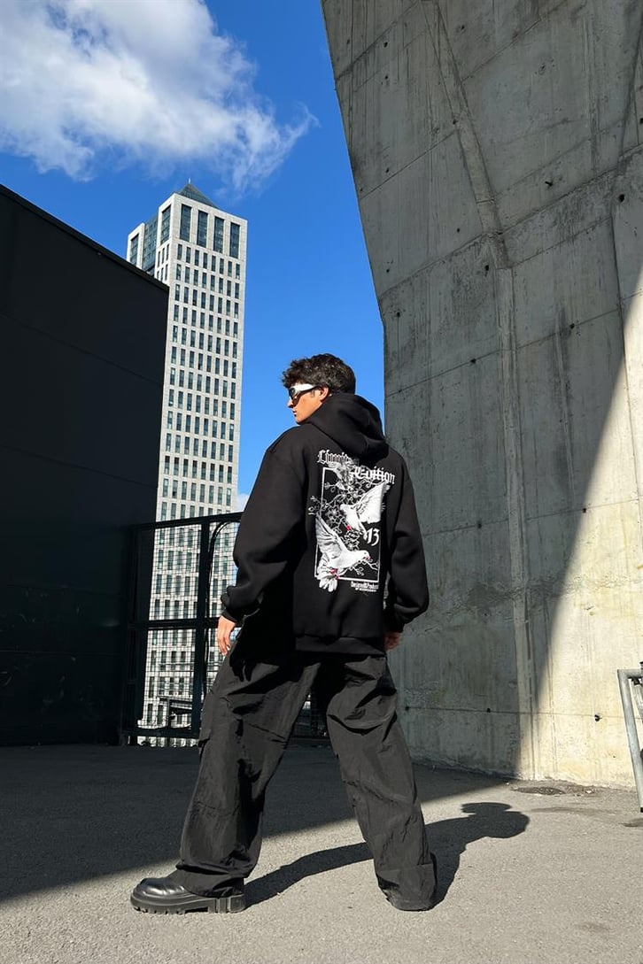 Pigeon Sırt Baskılı Siyah İçi Pamuklu Oversize Hoodie