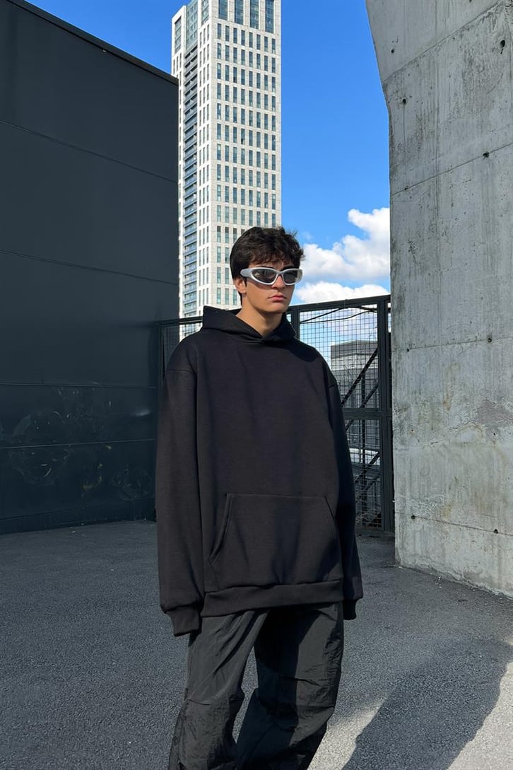Pigeon Sırt Baskılı Siyah İçi Pamuklu Oversize Hoodie