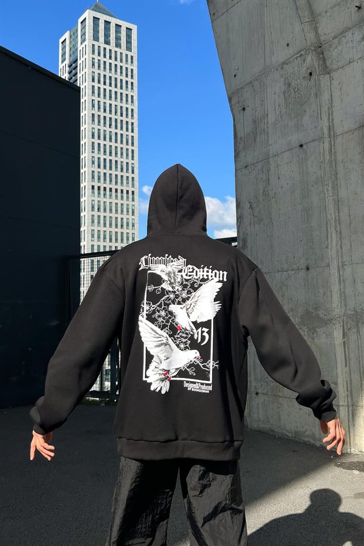 Pigeon Sırt Baskılı Siyah İçi Pamuklu Oversize Hoodie