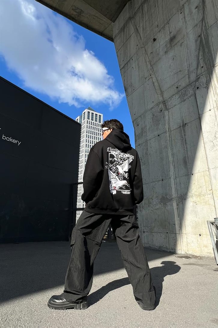 Pigeon Sırt Baskılı Siyah İçi Pamuklu Oversize Hoodie