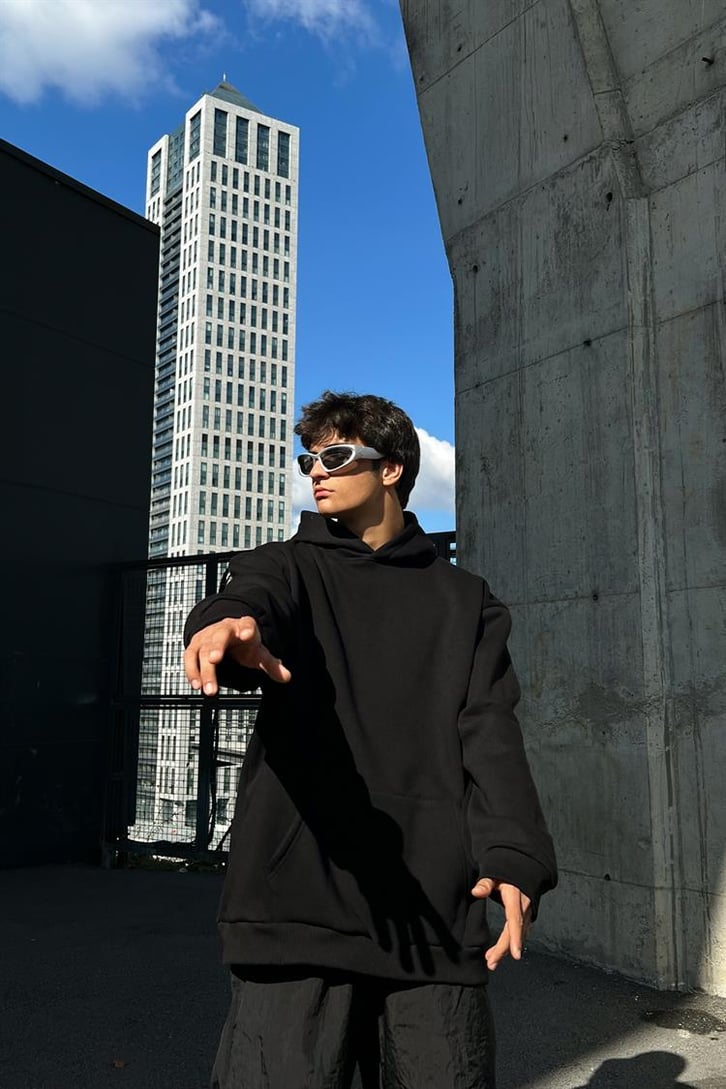 Pigeon Sırt Baskılı Siyah İçi Pamuklu Oversize Hoodie