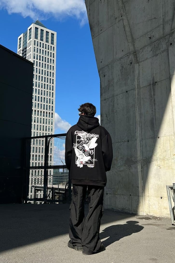 Pigeon Sırt Baskılı Siyah İçi Pamuklu Oversize Hoodie