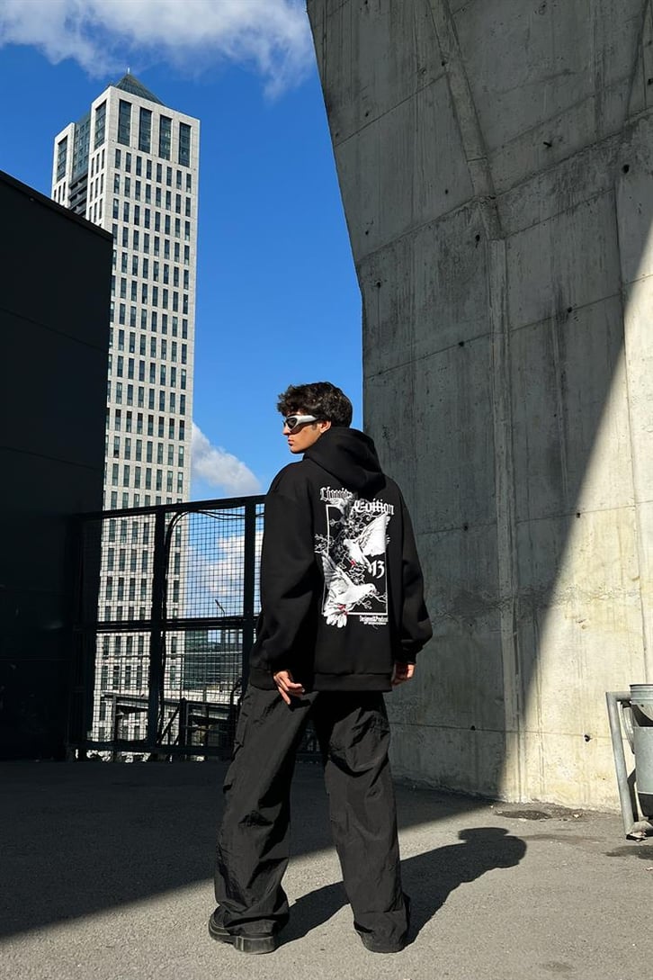Pigeon Sırt Baskılı Siyah İçi Pamuklu Oversize Hoodie
