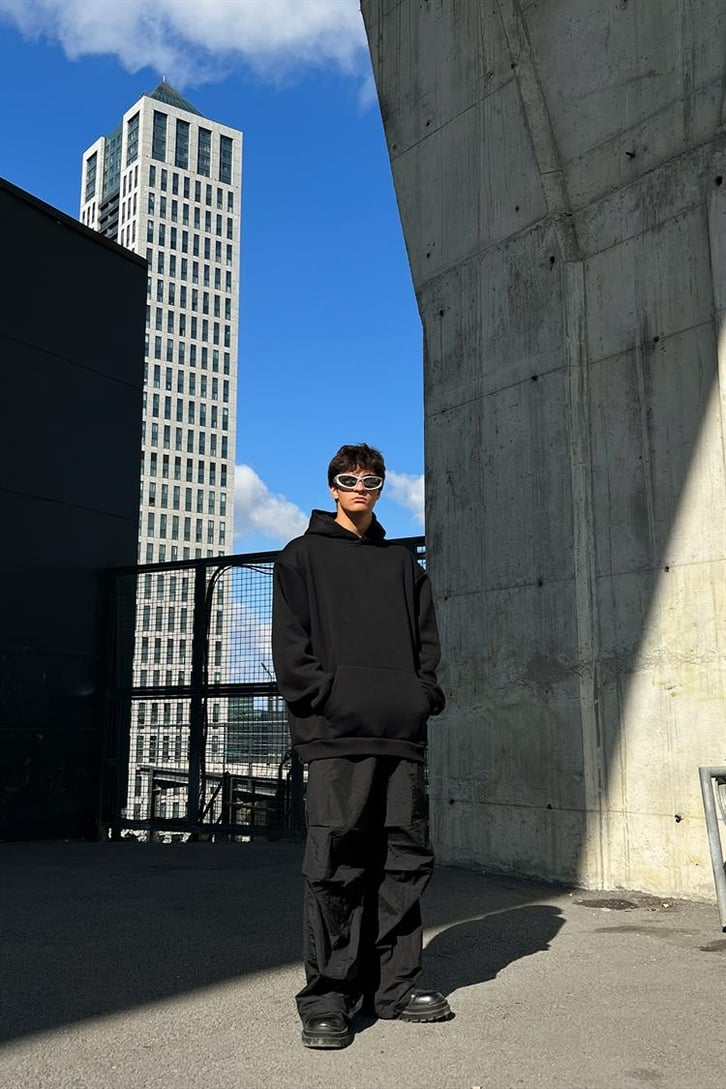 Pigeon Sırt Baskılı Siyah İçi Pamuklu Oversize Hoodie