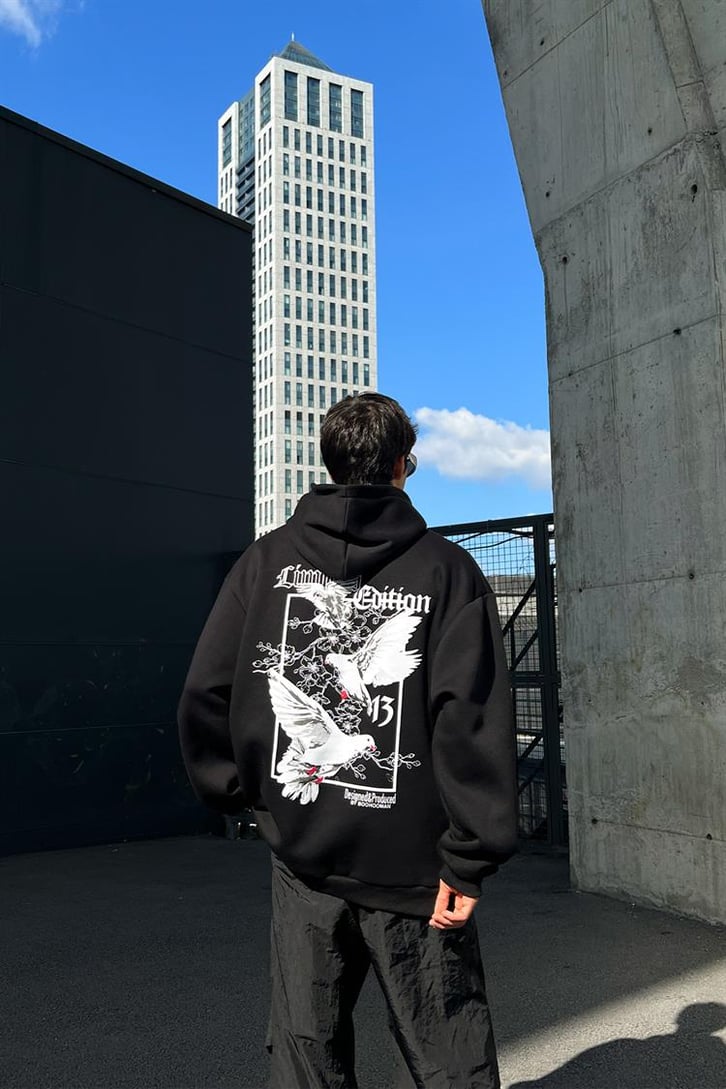 Pigeon Sırt Baskılı Siyah İçi Pamuklu Oversize Hoodie
