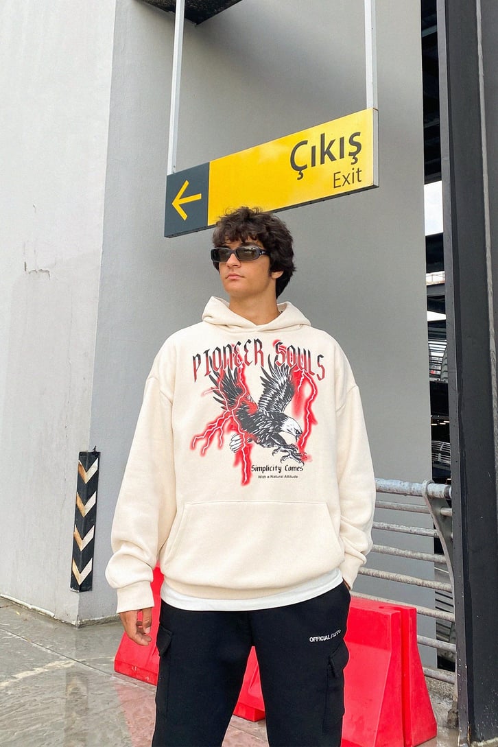 Pioneer Souls Baskılı Krem Oversize Sweatshirt