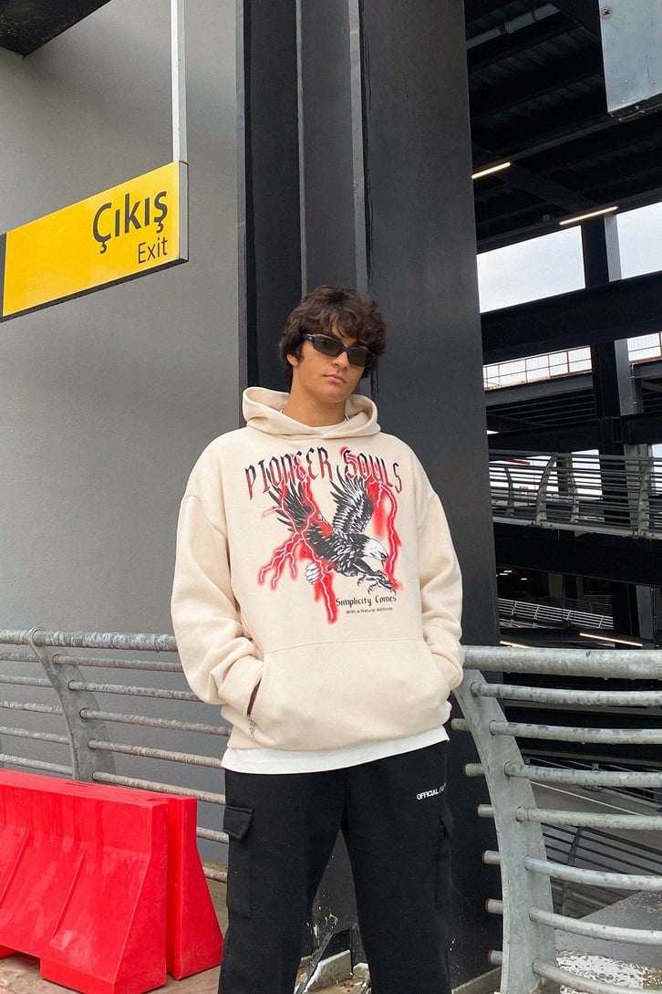 Pioneer Souls Baskılı Krem Oversize Sweatshirt