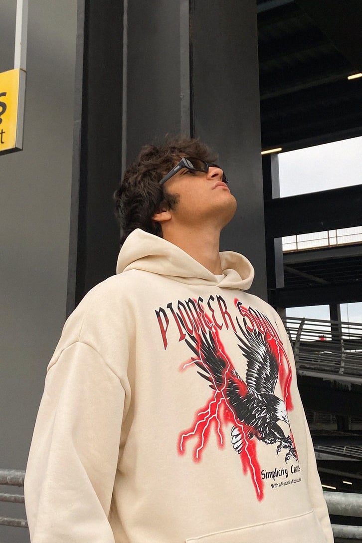 Pioneer Souls Baskılı Krem Oversize Sweatshirt