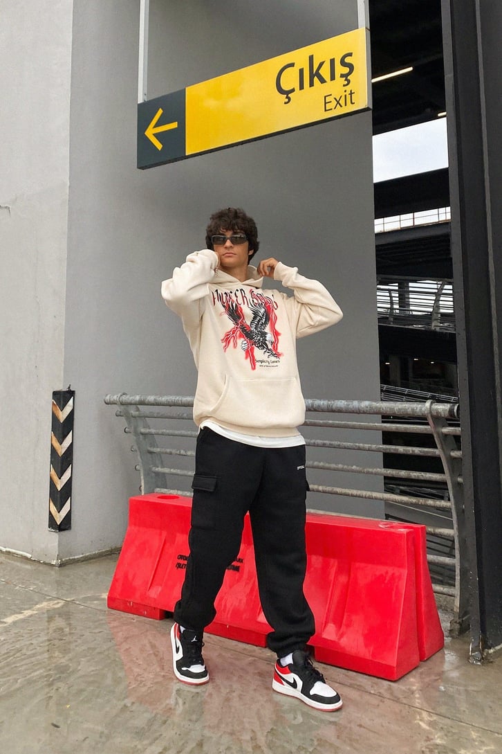 Pioneer Souls Baskılı Krem Oversize Sweatshirt