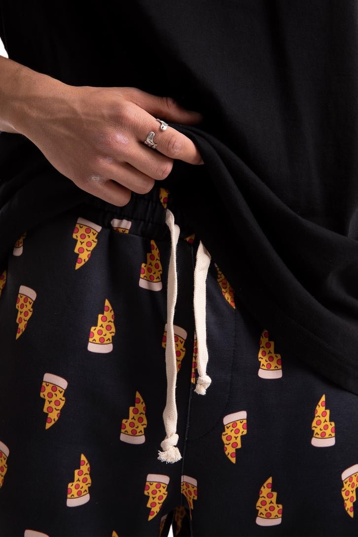 Pizza Dilim Baskılı Siyah Pijama Altı
