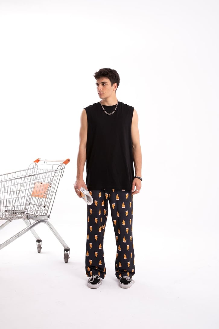 Pizza Dilim Baskılı Siyah Pijama Altı