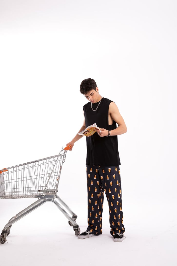 Pizza Dilim Baskılı Siyah Pijama Altı