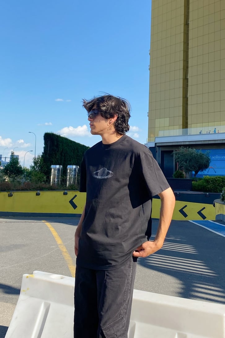 Planeta Tierra Sırt Baskılı Siyah Oversize Tshirt