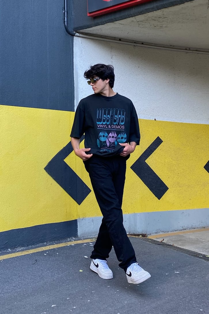 Playlist Baskılı Siyah Oversize Tshirt