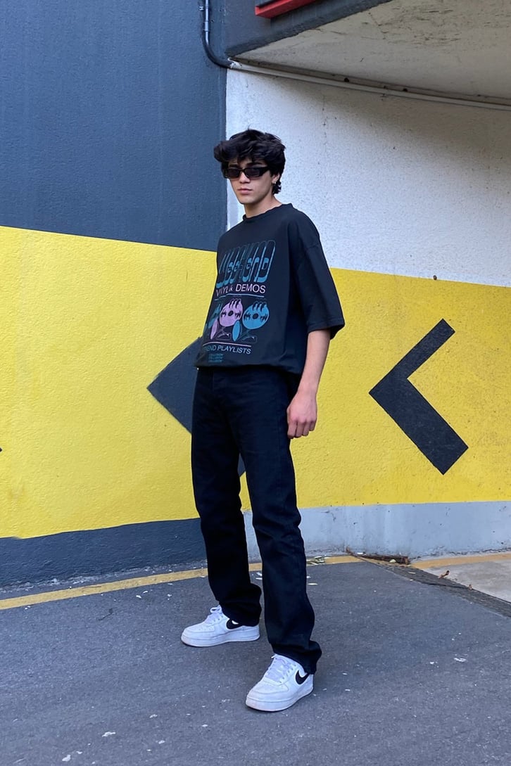 Playlist Baskılı Siyah Oversize Tshirt
