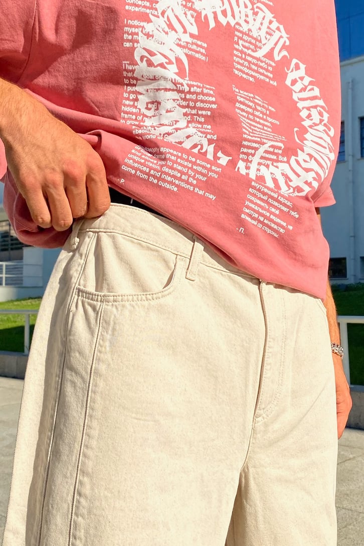 Pocket Detail Bej Baggy Jean