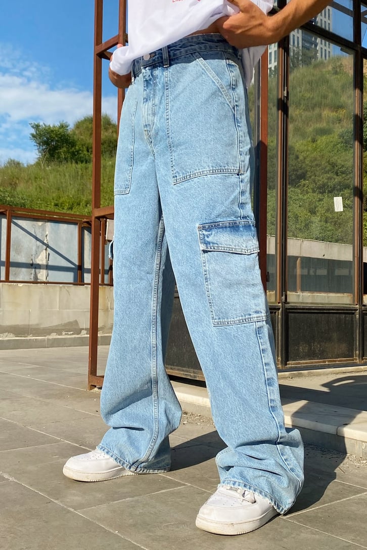 Pocket Detail Buz Mavi Baggy Jean