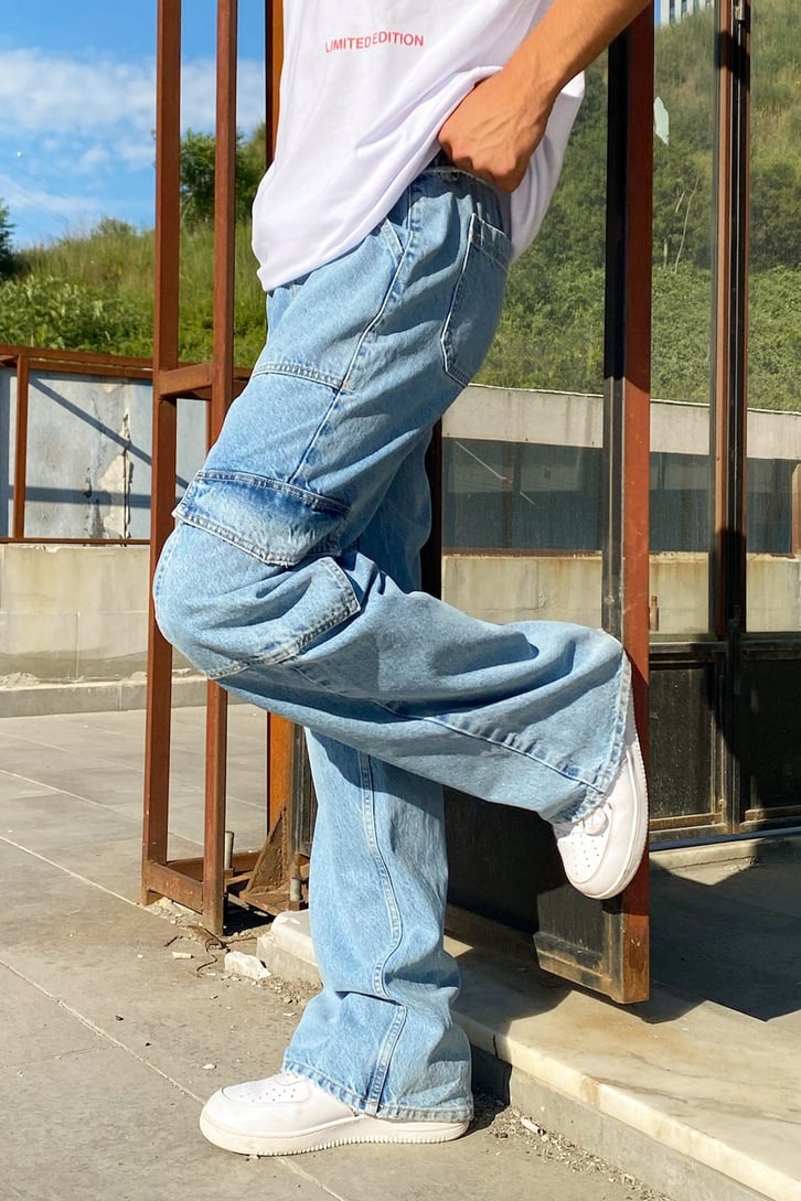 Pocket Detail Buz Mavi Baggy Jean