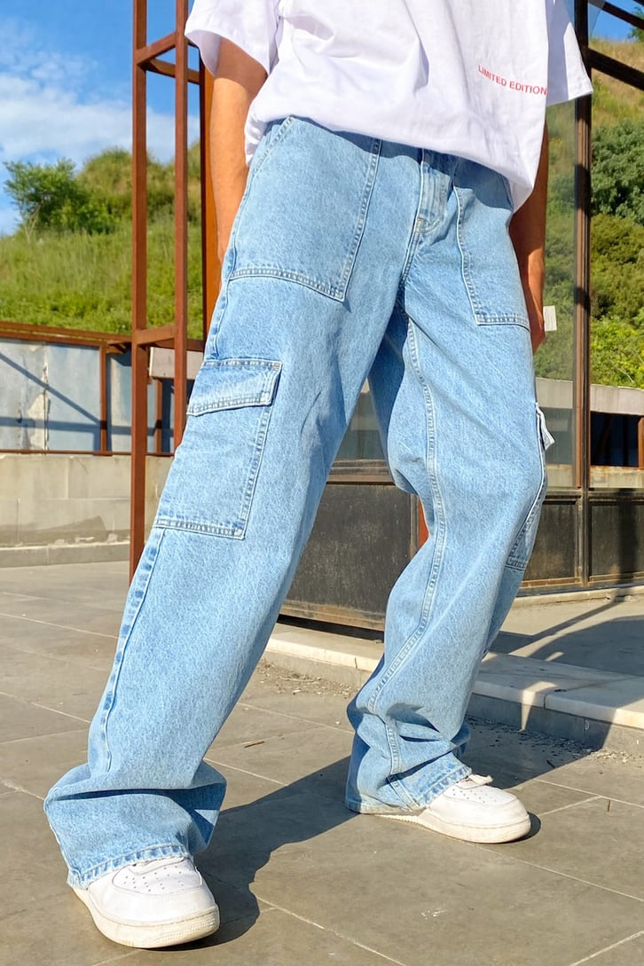 Pocket Detail Buz Mavi Baggy Jean