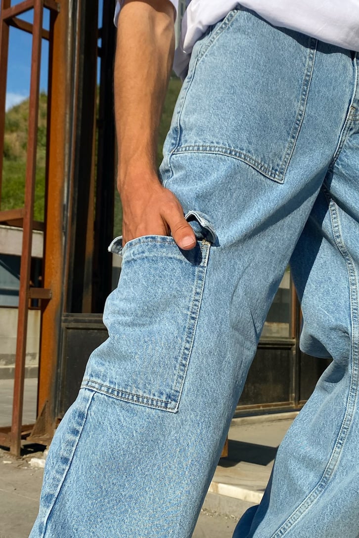 Pocket Detail Buz Mavi Baggy Jean