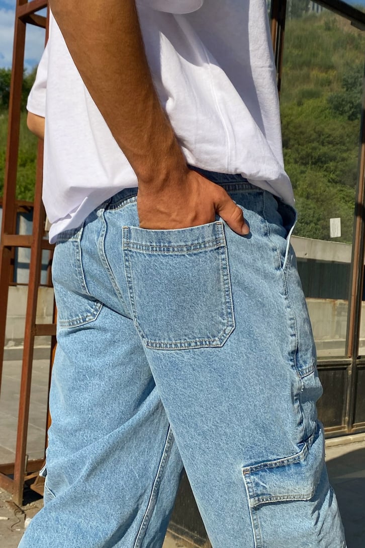 Pocket Detail Buz Mavi Baggy Jean