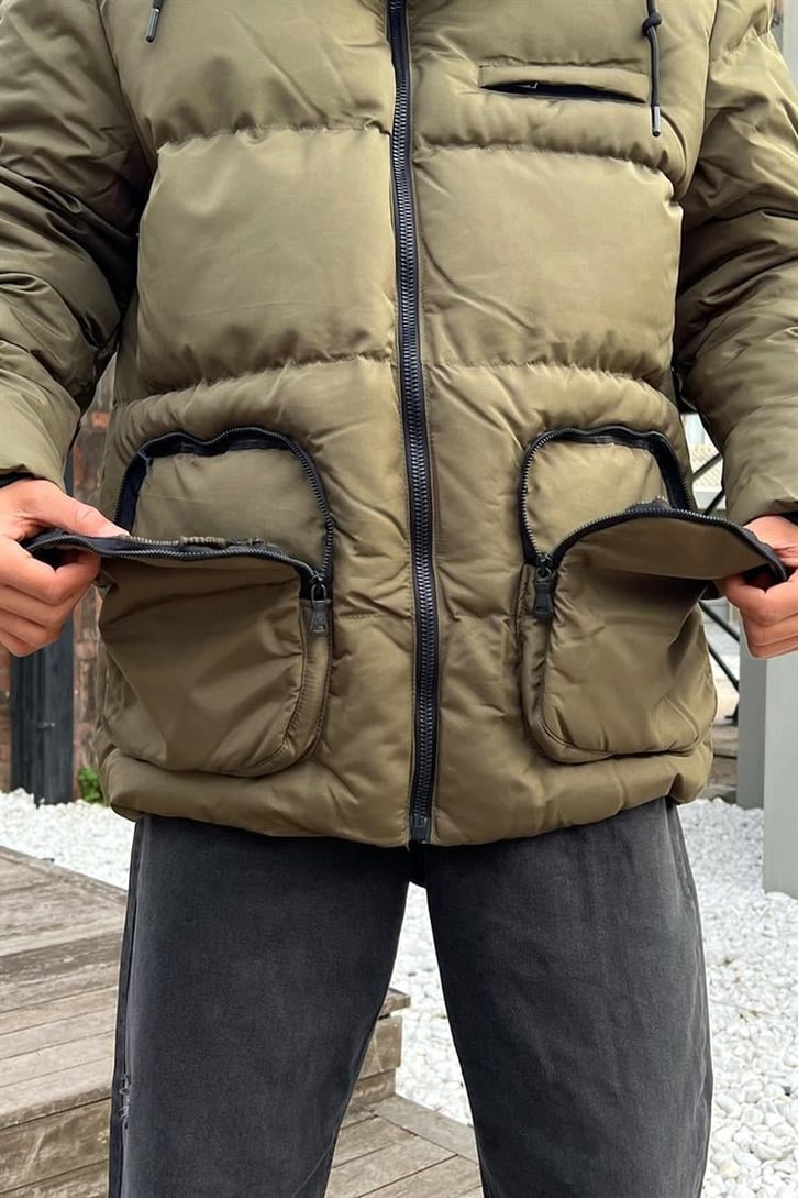 Pocket Detail Haki Şişme Mont