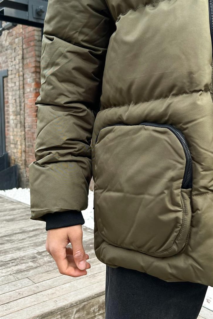 Pocket Detail Haki Şişme Mont
