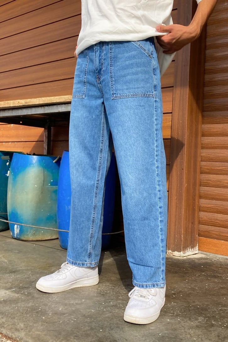 Pocket Detail Mavi Baggy Jean