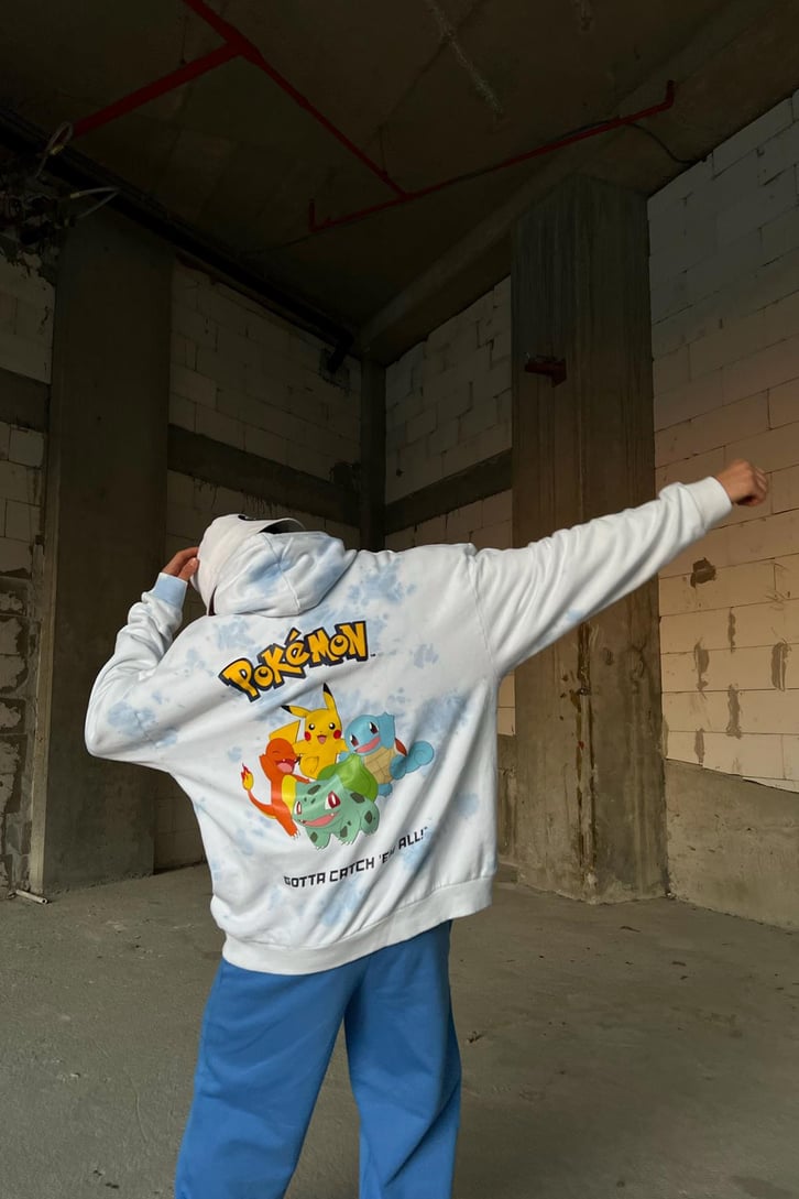 Poke Baskılı Batik Desen Oversize Hoodie
