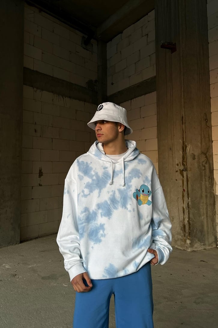 Poke Baskılı Batik Desen Oversize Hoodie