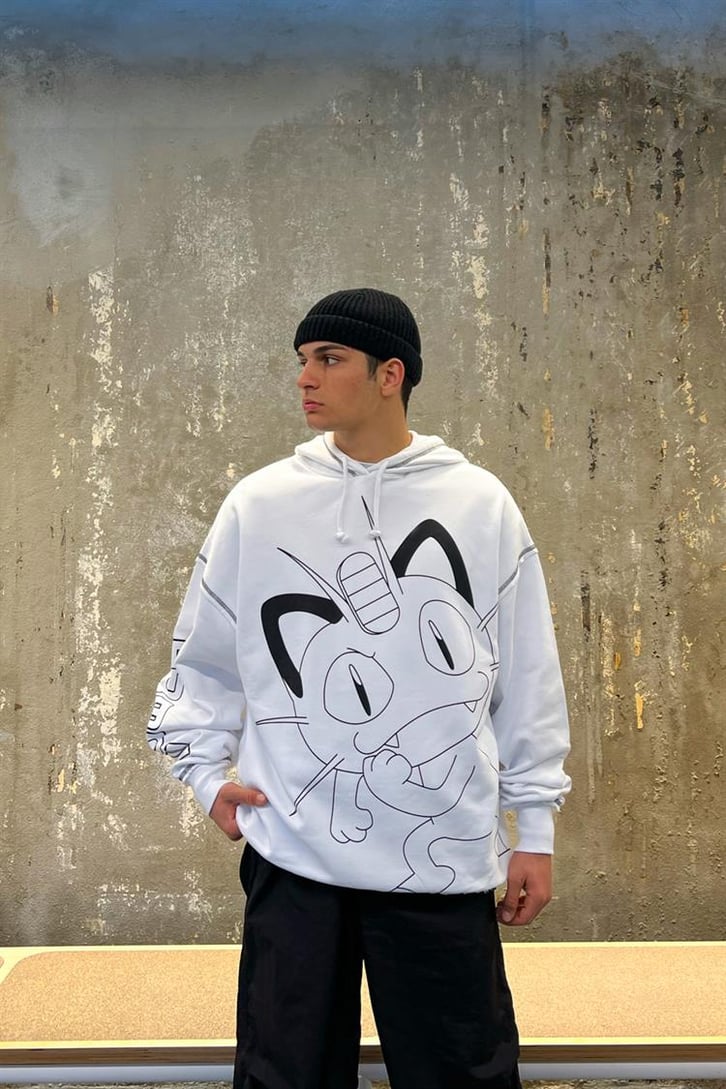 Poke Meowth Baskılı Beyaz Oversize Hoodie