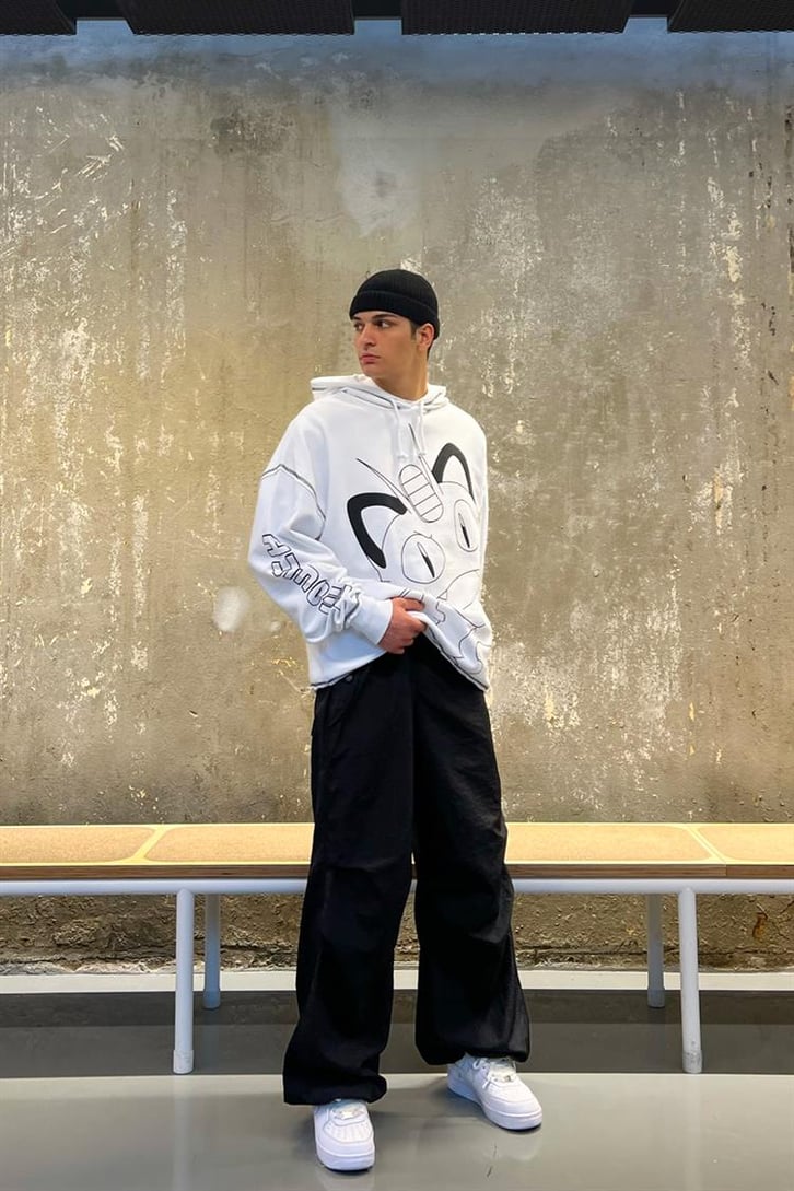 Poke Meowth Baskılı Beyaz Oversize Hoodie