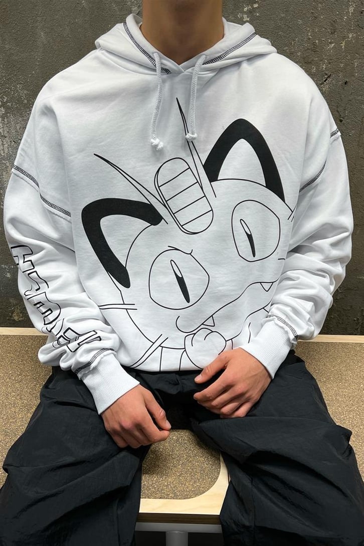 Poke Meowth Baskılı Beyaz Oversize Hoodie