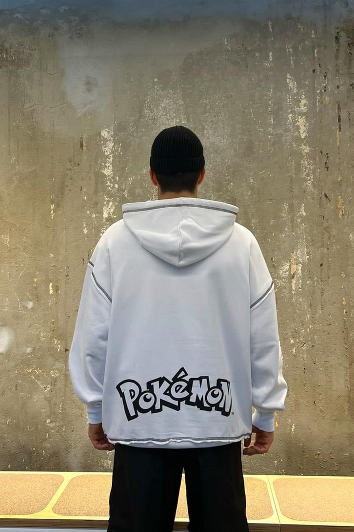 Poke Meowth Baskılı Beyaz Oversize Hoodie